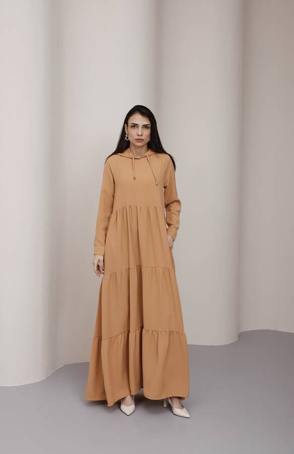 6531-Berlin Kapşonlu Reglan Kollu Elbise Camel