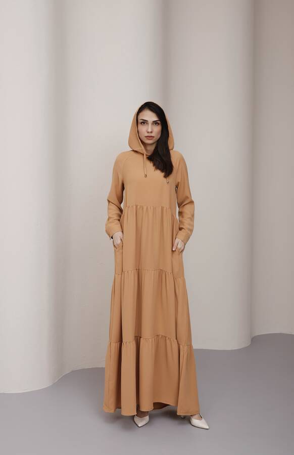 6531-Berlin Kapşonlu Reglan Kollu Elbise Camel