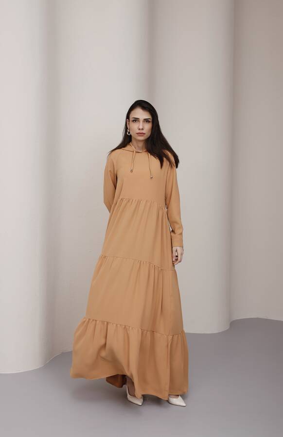 6531-Berlin Kapşonlu Reglan Kollu Elbise Camel