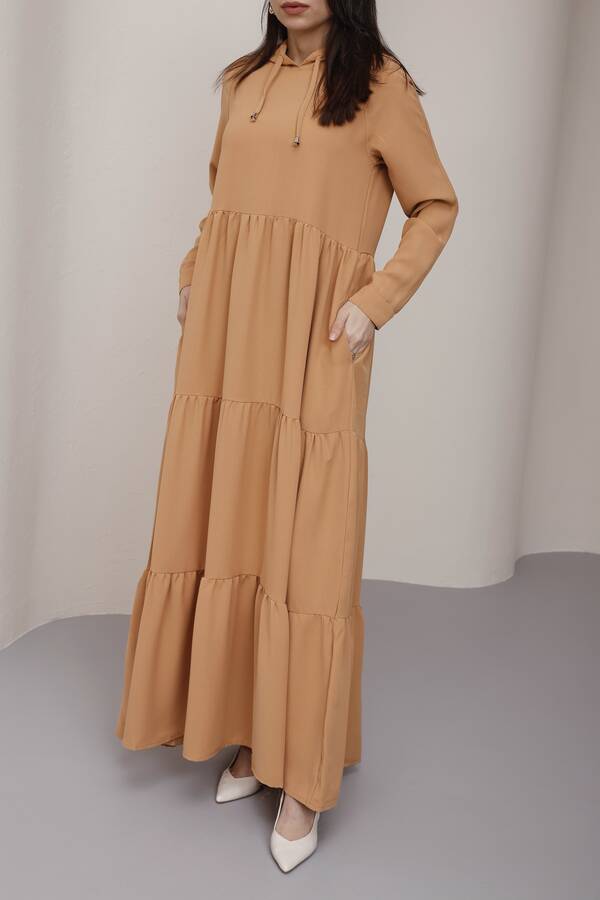 6531-Berlin Kapşonlu Reglan Kollu Elbise Camel