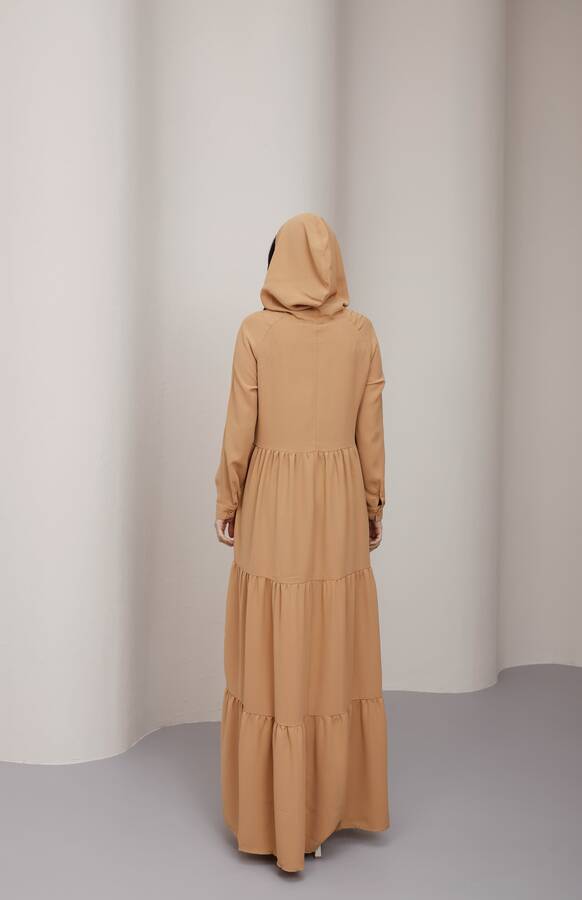 6531-Berlin Kapşonlu Reglan Kollu Elbise Camel