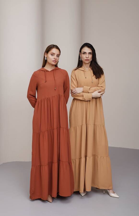 6531-Berlin Kapşonlu Reglan Kollu Elbise Camel