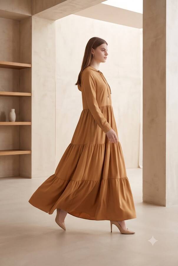 6531-Berlin Kapşonlu Reglan Kollu Elbise Camel