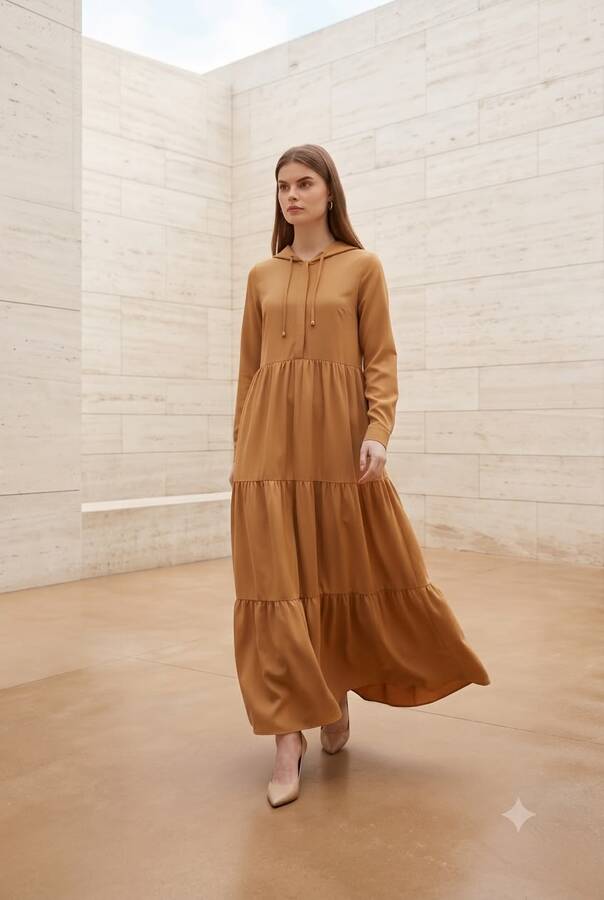6531-Berlin Kapşonlu Reglan Kollu Elbise Camel