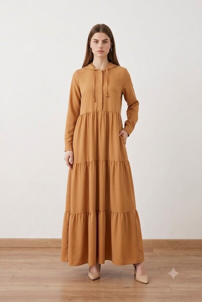 Neways - 6531-Berlin Kapşonlu Reglan Kollu Elbise Camel