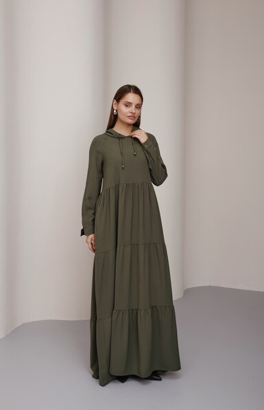 Neways - 6531-Berlin Kapşonlu Reglan Kollu Elbise Haki