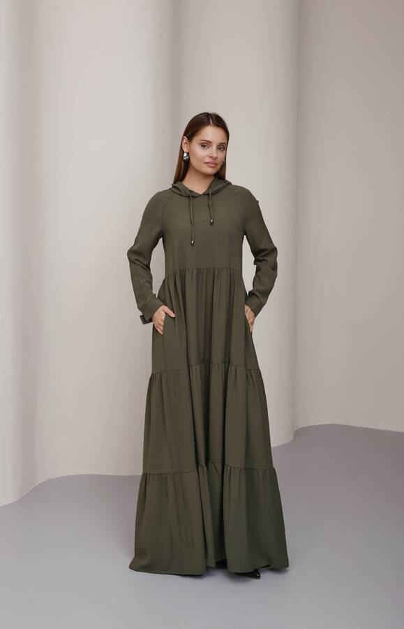 6531-Berlin Kapşonlu Reglan Kollu Elbise Haki