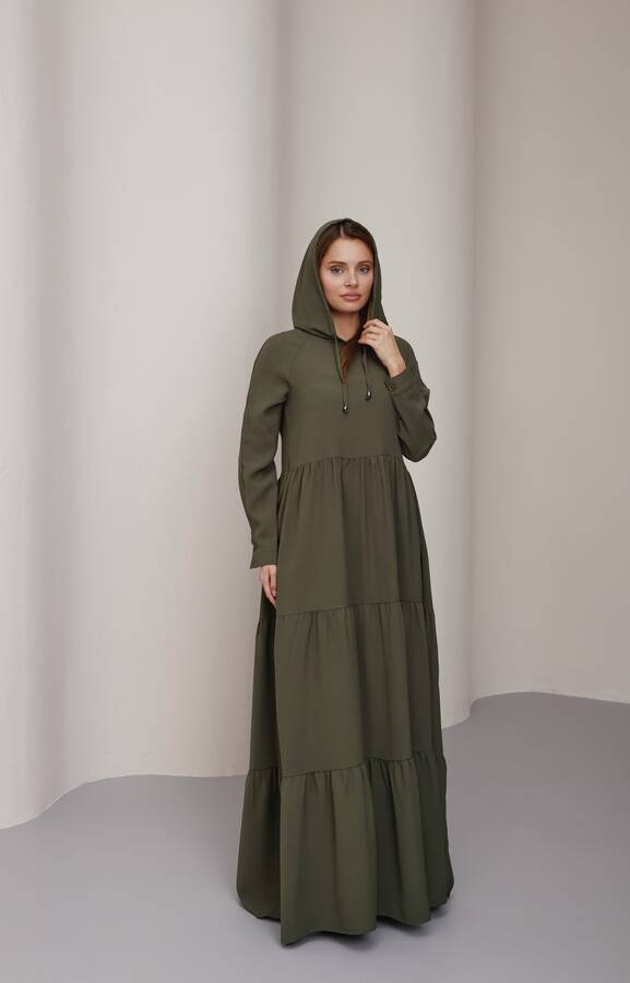 6531-Berlin Kapşonlu Reglan Kollu Elbise Haki