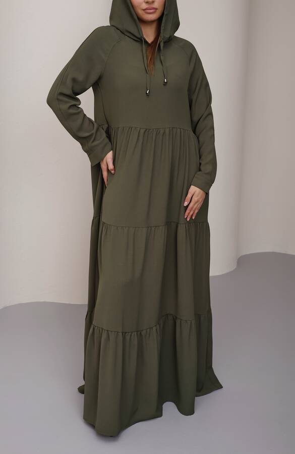 6531-Berlin Kapşonlu Reglan Kollu Elbise Haki