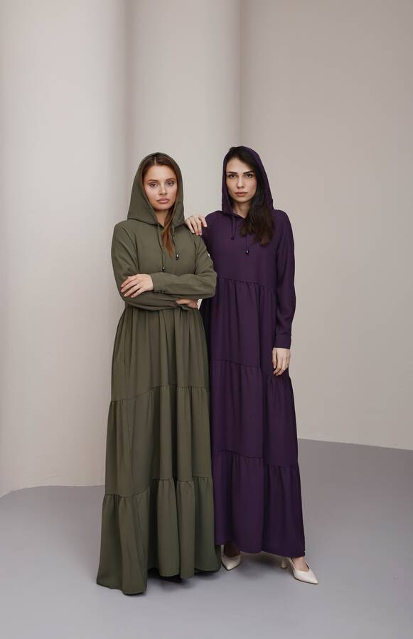 6531-Berlin Kapşonlu Reglan Kollu Elbise Haki