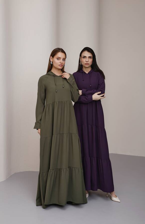 6531-Berlin Kapşonlu Reglan Kollu Elbise Haki