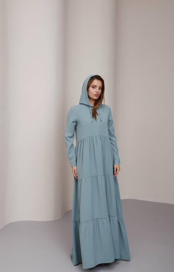 6531-Berlin Kapşonlu Reglan Kollu Elbise Mint Yeşili