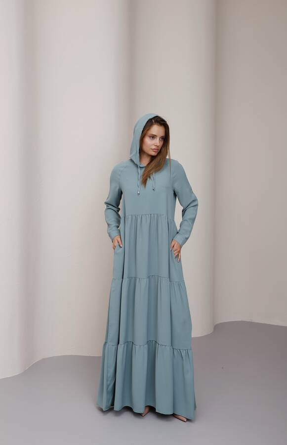 6531-Berlin Kapşonlu Reglan Kollu Elbise Mint Yeşili