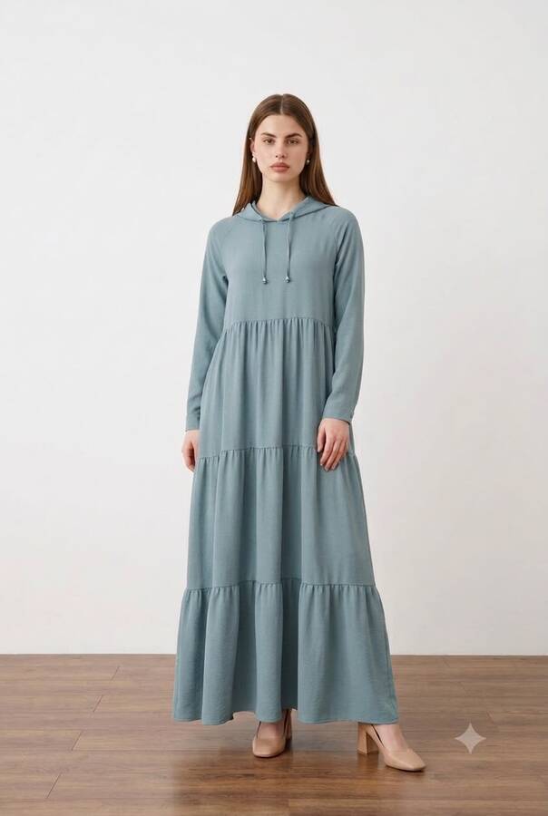 6531-Berlin Kapşonlu Reglan Kollu Elbise Mint Yeşili