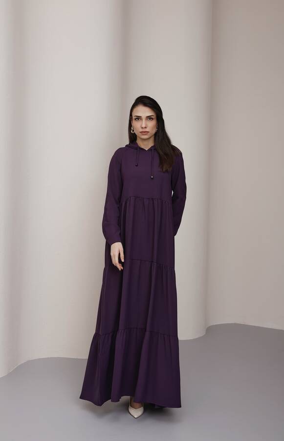 6531-Berlin Kapşonlu Reglan Kollu Elbise Mürdüm