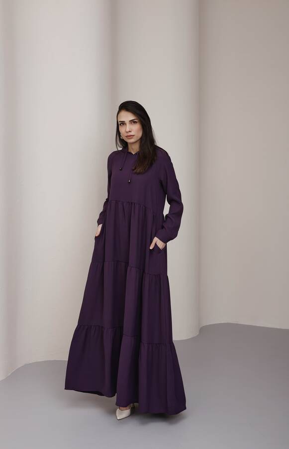 6531-Berlin Kapşonlu Reglan Kollu Elbise Mürdüm