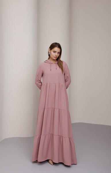 Neways - 6531-Berlin Kapşonlu Reglan Kollu Elbise Pudra