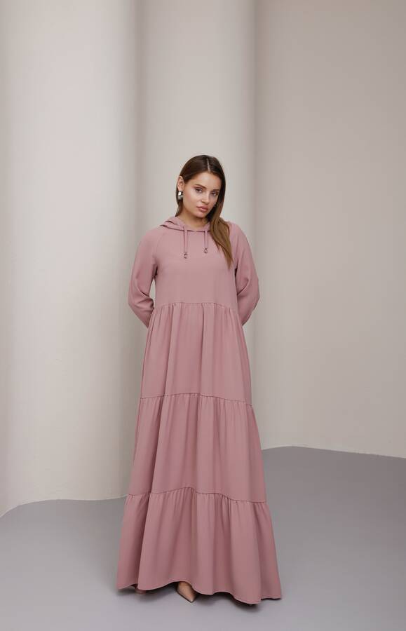 6531-Berlin Kapşonlu Reglan Kollu Elbise Pudra