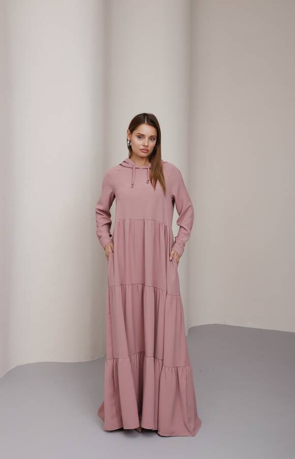 6531-Berlin Kapşonlu Reglan Kollu Elbise Pudra