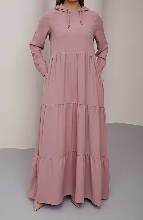 6531-Berlin Kapşonlu Reglan Kollu Elbise Pudra - 7