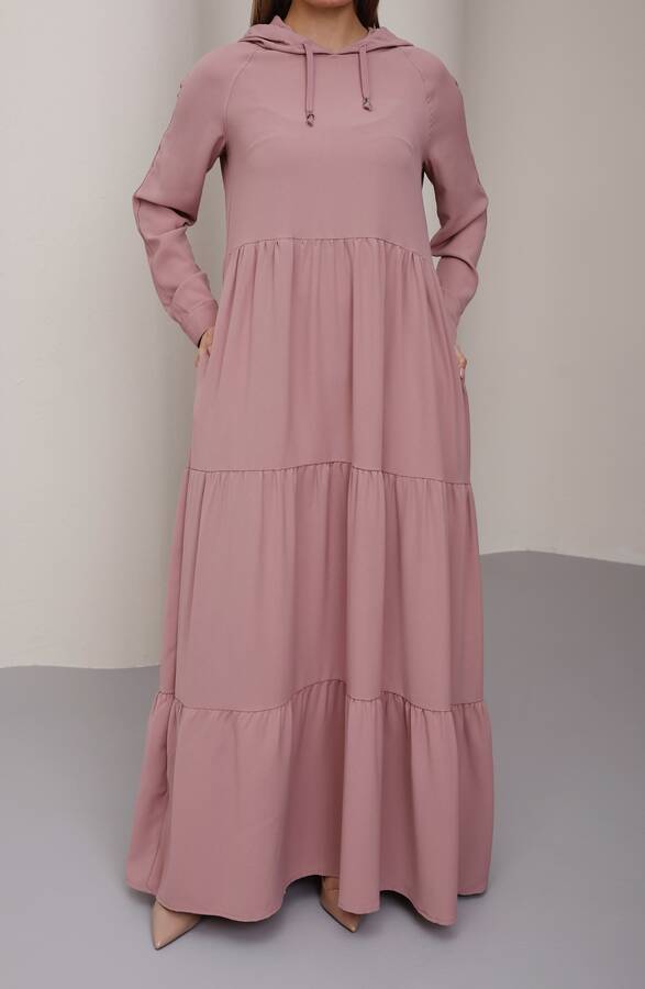 6531-Berlin Kapşonlu Reglan Kollu Elbise Pudra