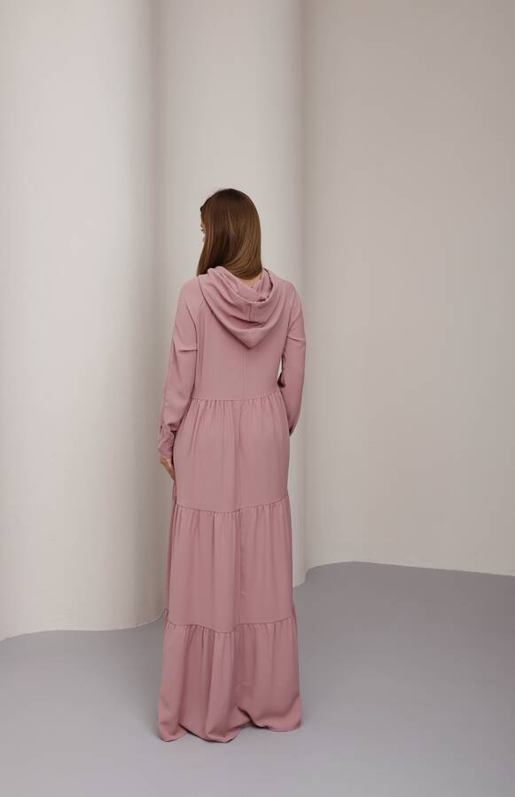 6531-Berlin Kapşonlu Reglan Kollu Elbise Pudra