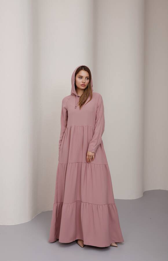 6531-Berlin Kapşonlu Reglan Kollu Elbise Pudra