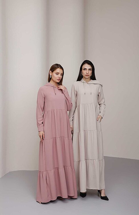 6531-Berlin Kapşonlu Reglan Kollu Elbise Pudra - 9