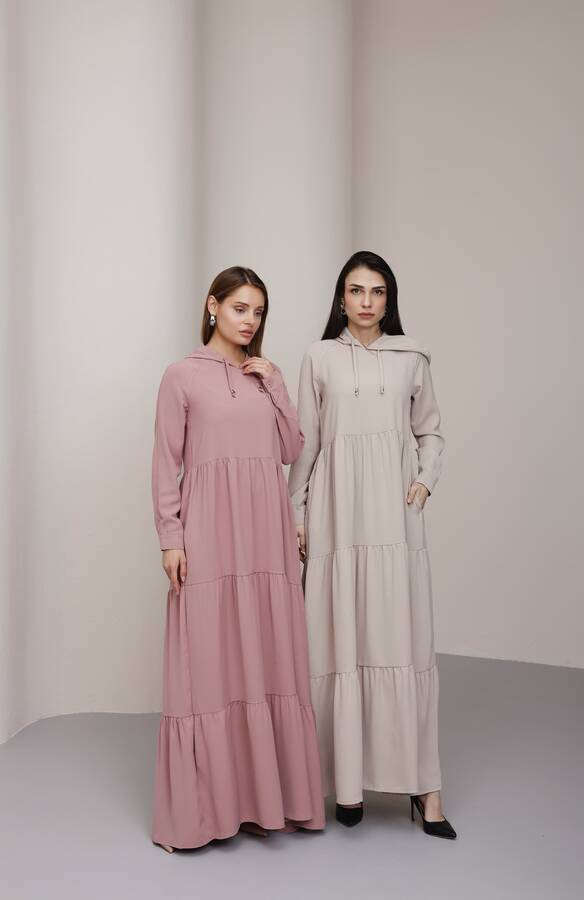 6531-Berlin Kapşonlu Reglan Kollu Elbise Pudra