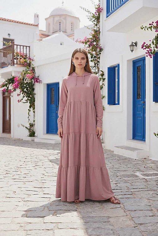6531-Berlin Kapşonlu Reglan Kollu Elbise Pudra - 2