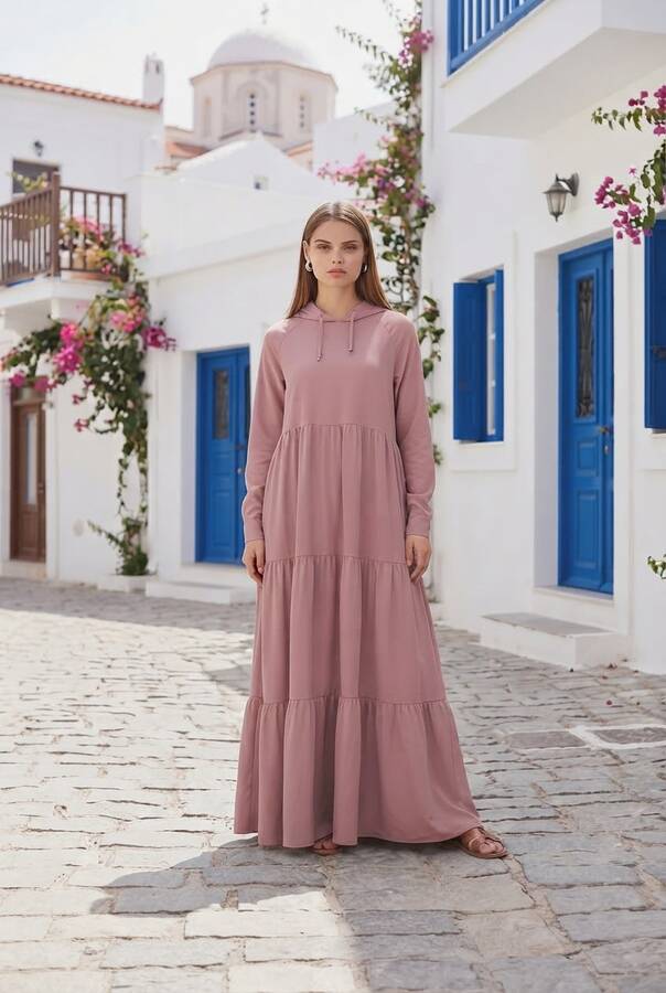 6531-Berlin Kapşonlu Reglan Kollu Elbise Pudra