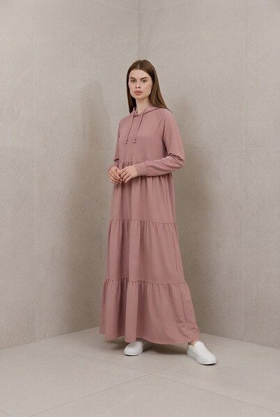Neways - 6531-Berlin Kapşonlu Reglan Kollu Elbise Pudra