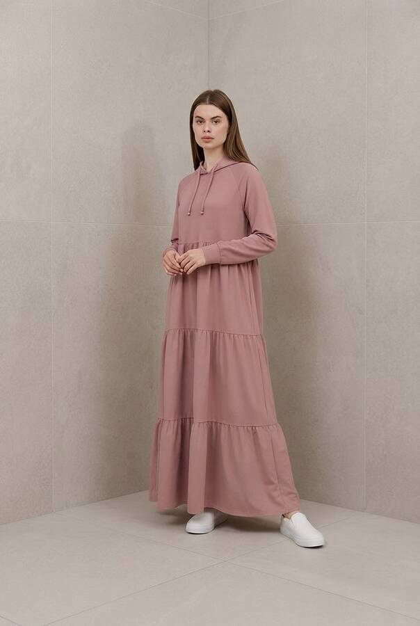 6531-Berlin Kapşonlu Reglan Kollu Elbise Pudra