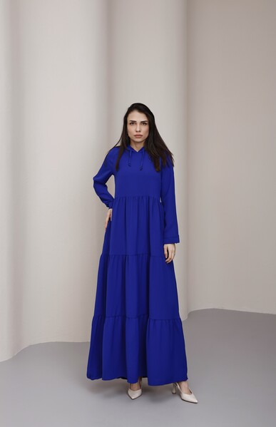 Neways - 6531-Berlin Kapşonlu Reglan Kollu Elbise Saks Mavisi