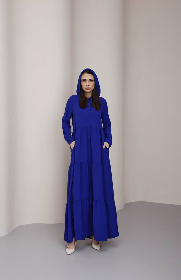 6531-Berlin Kapşonlu Reglan Kollu Elbise Saks Mavisi