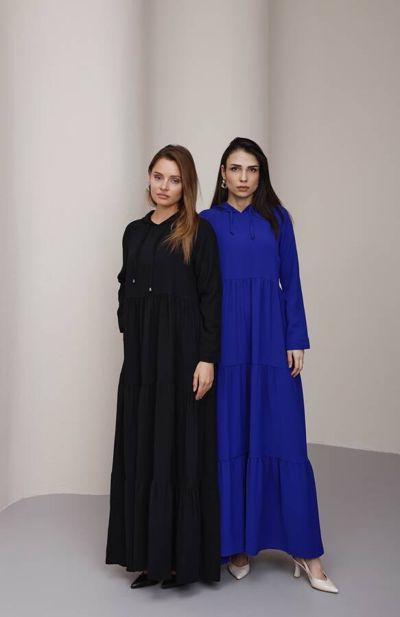 6531-Berlin Kapşonlu Reglan Kollu Elbise Saks Mavisi
