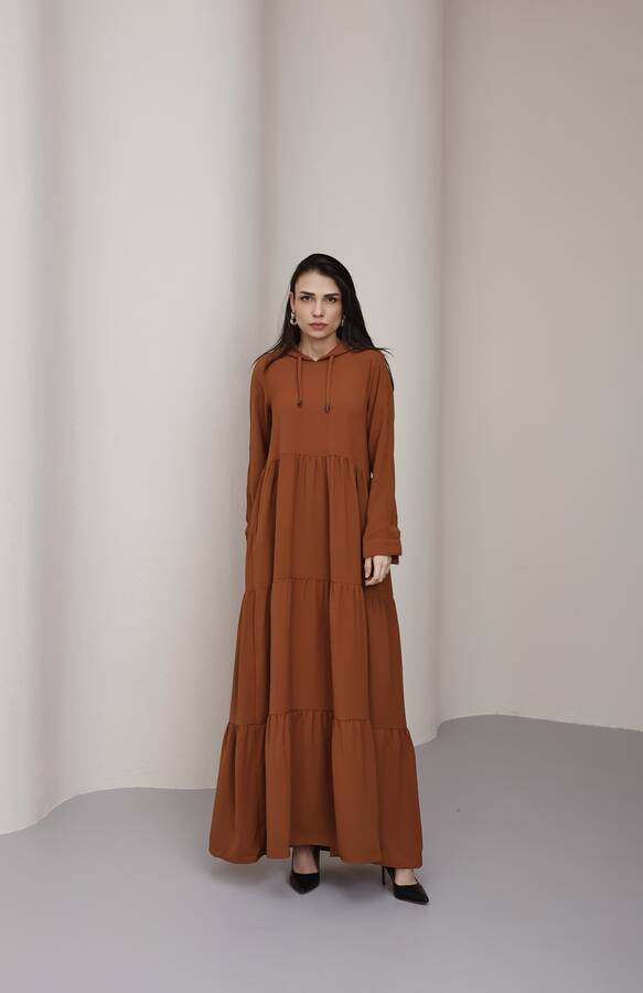 6531-Berlin Kapşonlu Reglan Kollu Elbise Tütün