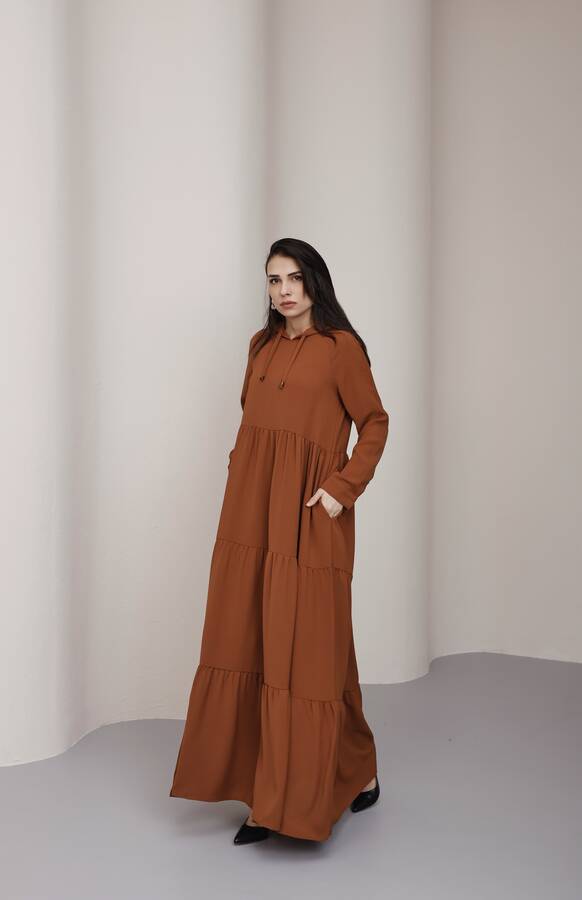 6531-Berlin Kapşonlu Reglan Kollu Elbise Tütün