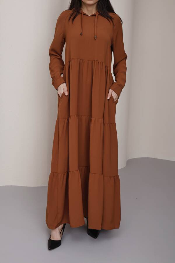 6531-Berlin Kapşonlu Reglan Kollu Elbise Tütün