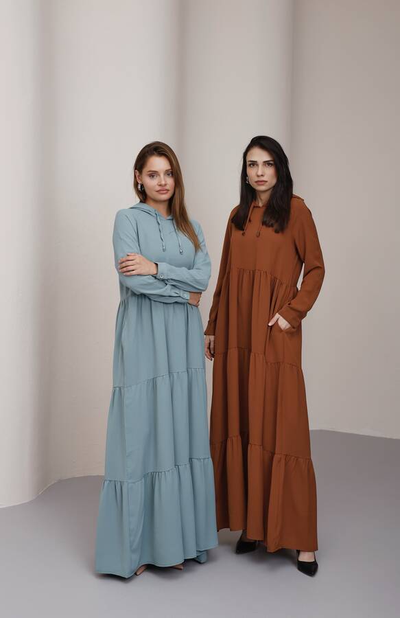 6531-Berlin Kapşonlu Reglan Kollu Elbise Tütün