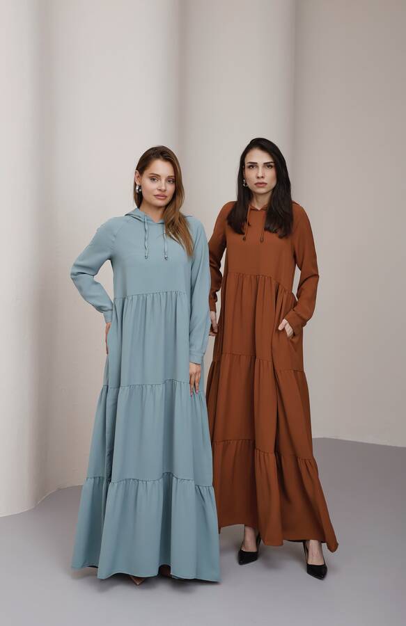 6531-Berlin Kapşonlu Reglan Kollu Elbise Tütün