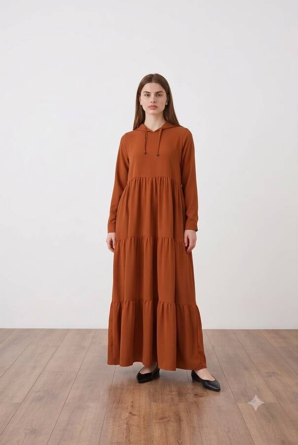 6531-Berlin Kapşonlu Reglan Kollu Elbise Tütün