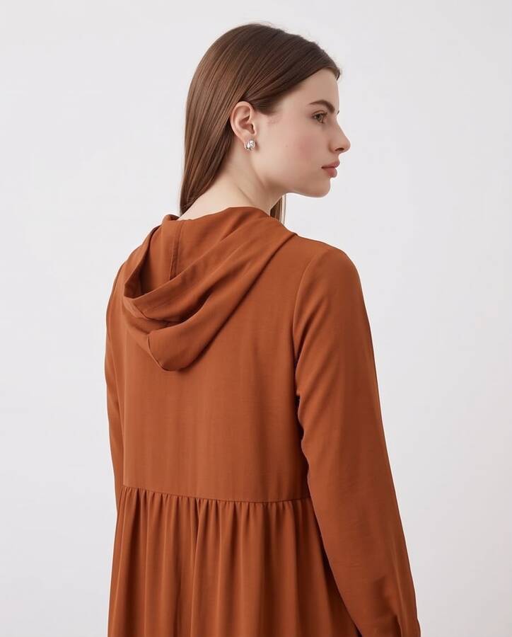 6531-Berlin Kapşonlu Reglan Kollu Elbise Tütün