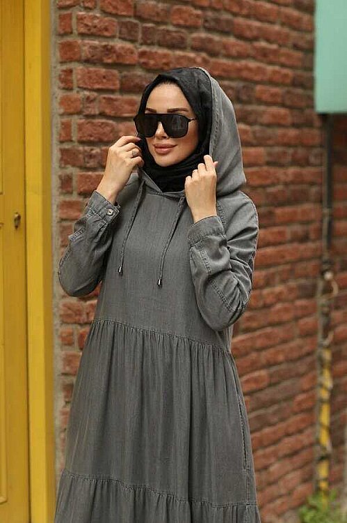 6531-Denim Kapşonlu Reglan Kollu Elbise Gri - 2