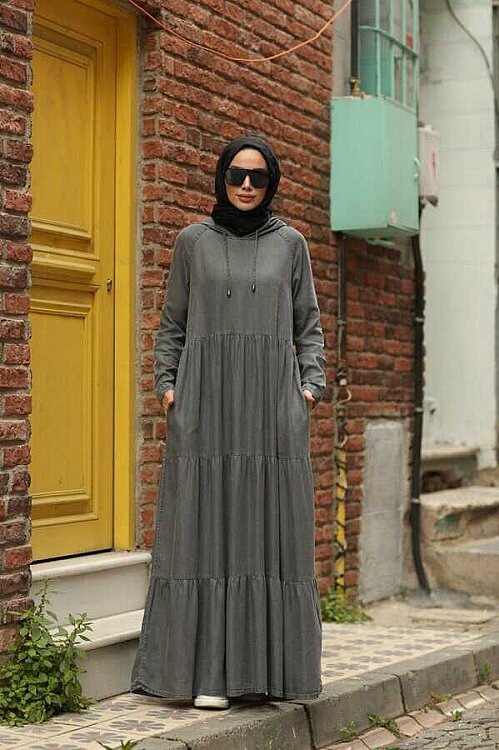 6531-Denim Kapşonlu Reglan Kollu Elbise Gri - 3
