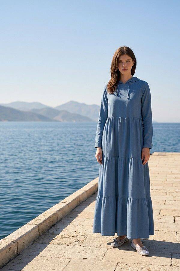 6531-Denim Kapşonlu Reglan Kollu Elbise Mavi