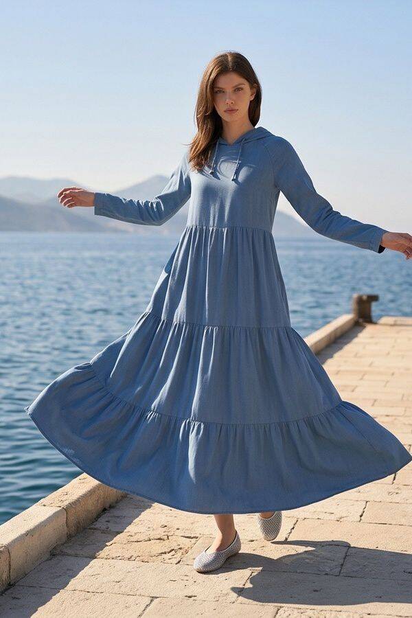 6531-Denim Kapşonlu Reglan Kollu Elbise Mavi