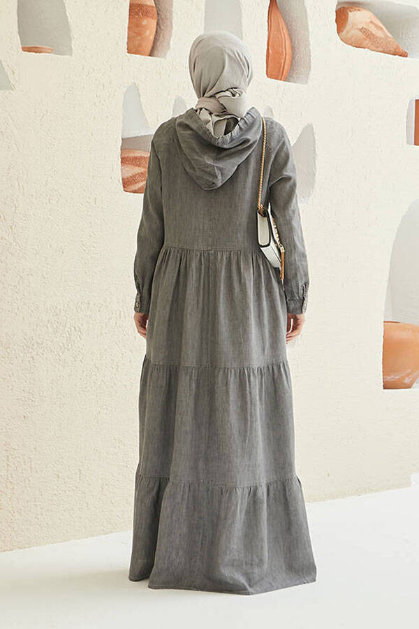 6531-Denim Kapşonlu Reglan Kollu Elbise Gri