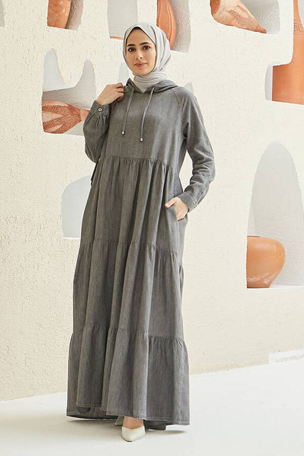 6531-Denim Kapşonlu Reglan Kollu Elbise Gri