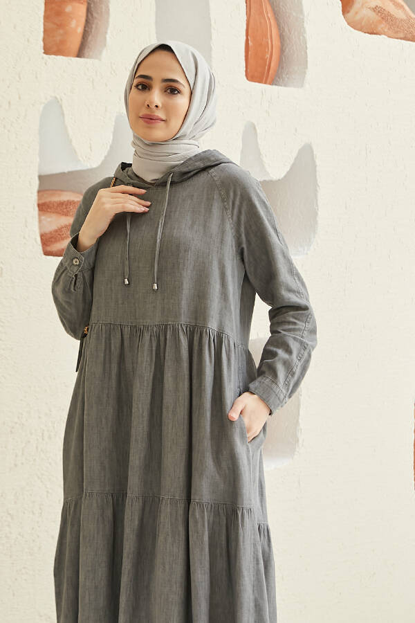 6531-Denim Kapşonlu Reglan Kollu Elbise Gri